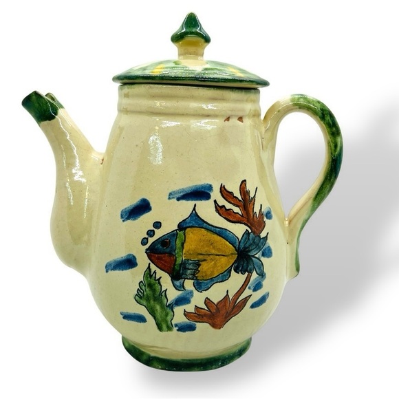 Other - 70’s VTG Mexican Pottery Pitcher Hand Painted Fish Artist Signed Folk Tropical